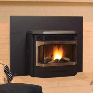 Greenfire GFI55 pellet insert with antique copper door overlay and ceramic log set.